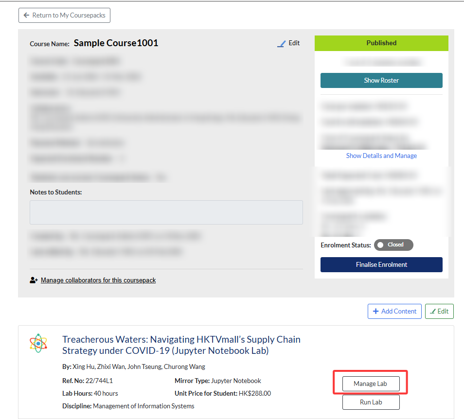 Manage lab button on Coursepack page